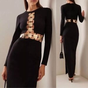 STAUD BLACK DELPHINE GOLD LOGO COIN CUTOUT MAXI DRESS BLACK SZ 6 LONG SLEEVE